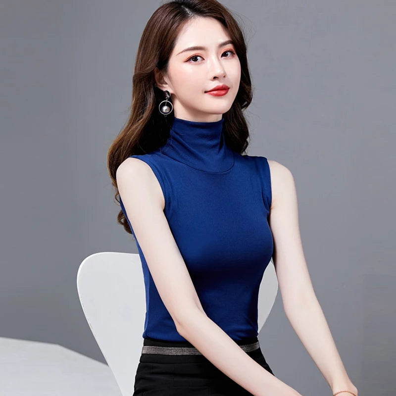 Summer Tops For Women Turtleneck Basic Sleeveless Blue